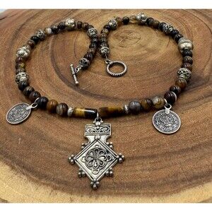 Tiger Eye, Striped Agate Necklace: Moroccan Southern Cross Pendant 03YS00945